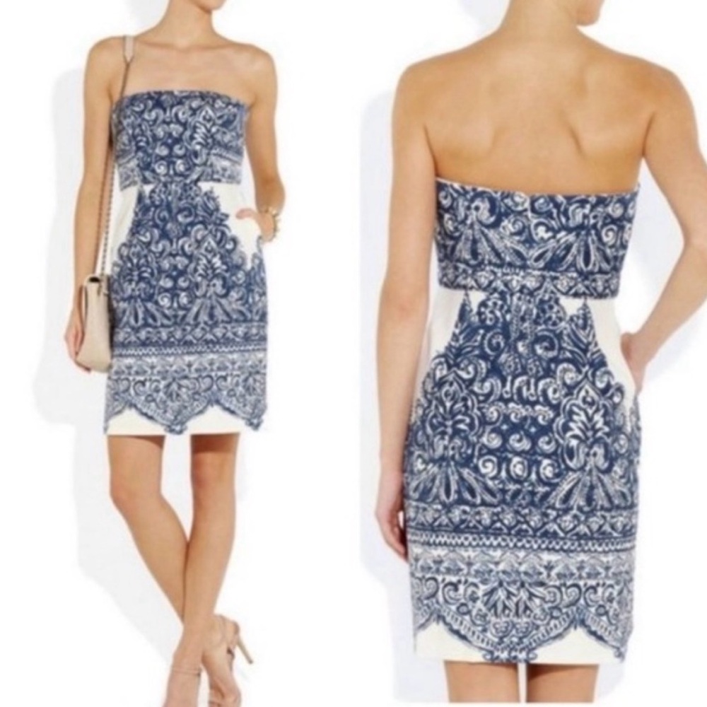 J. Crew Strapless Blue and White Printed Dress